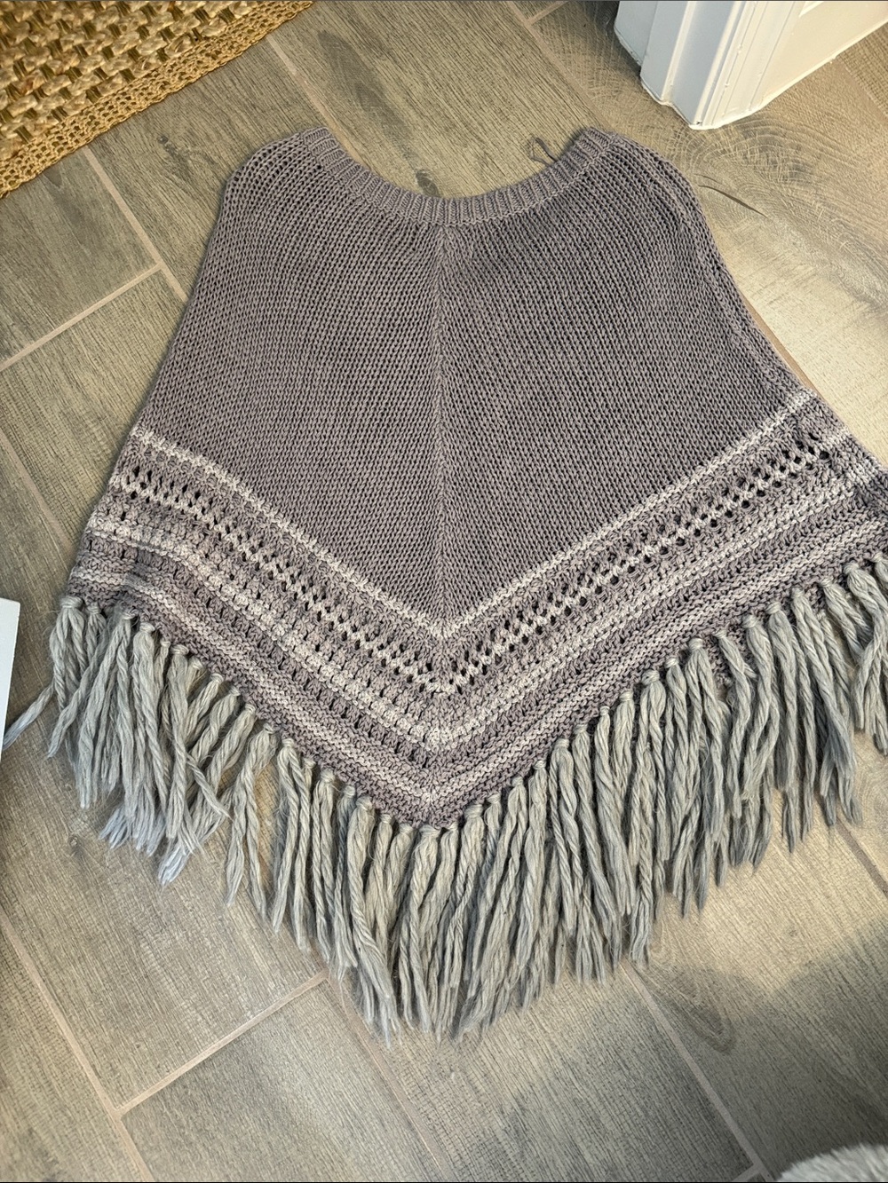 American Eagle Outfitters Light Gray Fringed Knit Poncho